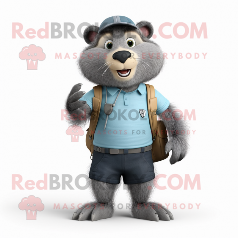 Gray Marmot mascot costume character dressed with a Bermuda Shorts and Shoe clips