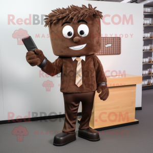 Brown Chocolate Bar mascot costume character dressed with a Suit and Hair clips