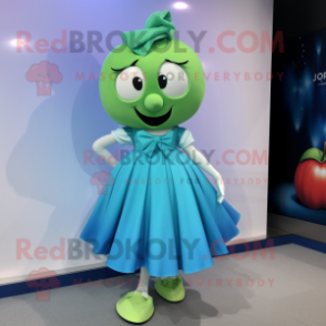 Cyan Apple mascot costume character dressed with a Pleated Skirt and Shoe clips