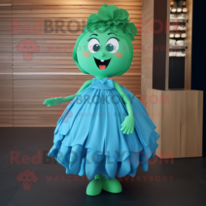 Cyan Apple mascot costume character dressed with a Pleated Skirt and Shoe clips