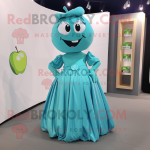 Cyan Apple mascot costume character dressed with a Pleated Skirt and Shoe clips