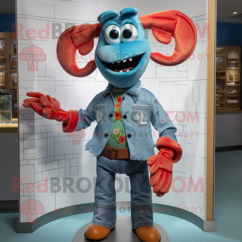 Turquoise Lobster Bisque mascot costume character dressed with a Denim Shirt and Bracelets