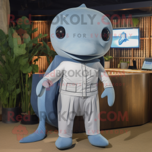 Gray Blue Whale mascot costume character dressed with a Romper and Cufflinks