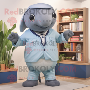 Gray Blue Whale mascot costume character dressed with a Romper and Cufflinks