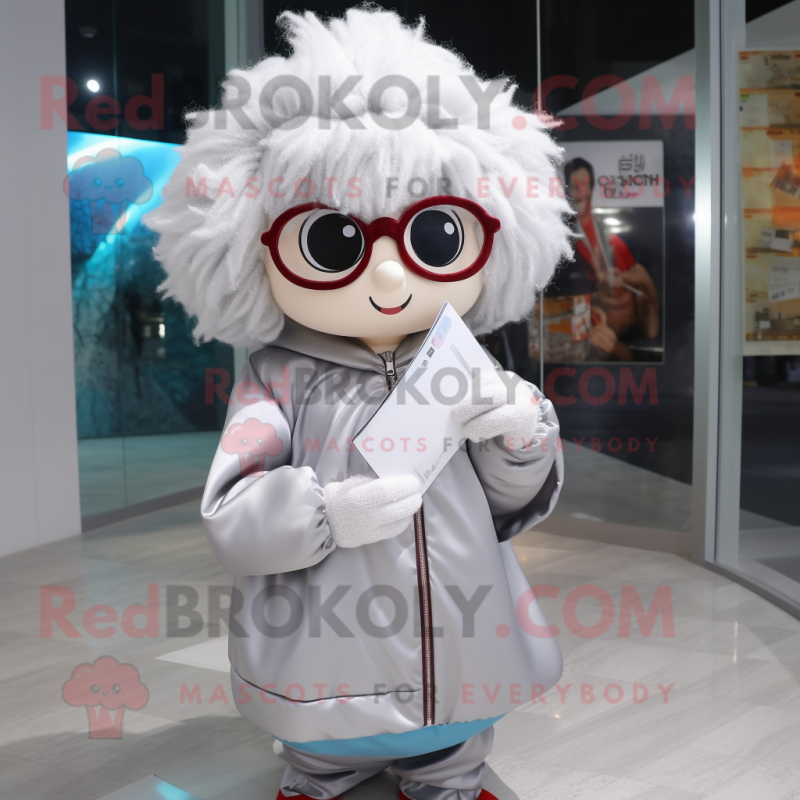 Silver Love Letter mascot costume character dressed with a Windbreaker and Eyeglasses