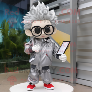Silver Love Letter mascot costume character dressed with a Windbreaker and Eyeglasses