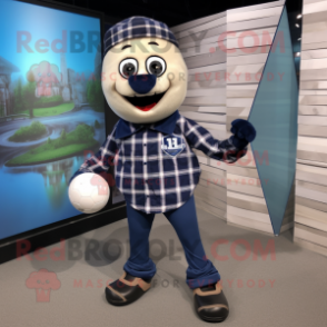 Navy Soccer Ball mascot costume character dressed with a Flannel Shirt and Belts