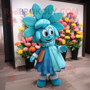 Cyan Bouquet Of Flowers mascot costume character dressed with a Coat and Handbags