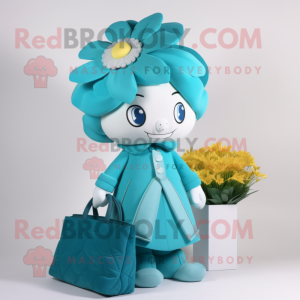 Cyan Bouquet Of Flowers mascot costume character dressed with a Coat and Handbags