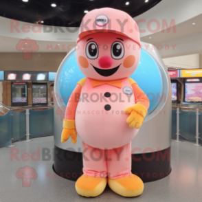 Peach Gumball Machine mascot costume character dressed with a Jumpsuit and Caps