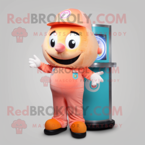 Peach Gumball Machine mascot costume character dressed with a Jumpsuit and Caps