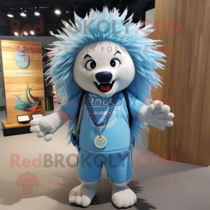 Sky Blue Porcupine mascot costume character dressed with a Board Shorts and Necklaces