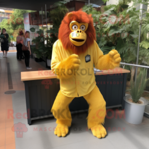 Yellow Orangutan mascot costume character dressed with a Mom Jeans and Shoe laces