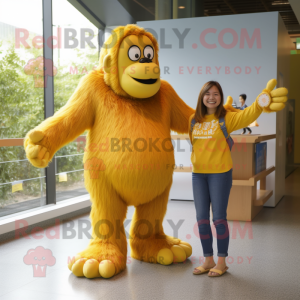 Yellow Orangutan mascot costume character dressed with a Mom Jeans and Shoe laces