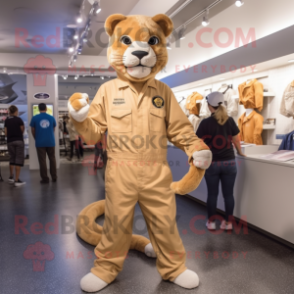 Tan Mountain Lion mascot costume character dressed with a Jumpsuit and Watches