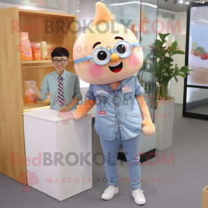 Peach Ice Cream mascot costume character dressed with a Chambray Shirt and Keychains