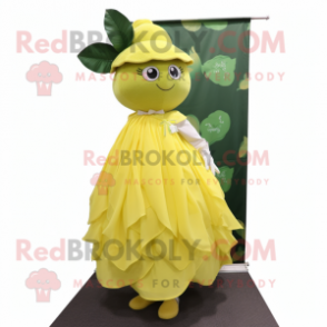 Lemon Yellow Grape mascot costume character dressed with a A-Line Dress and Wraps