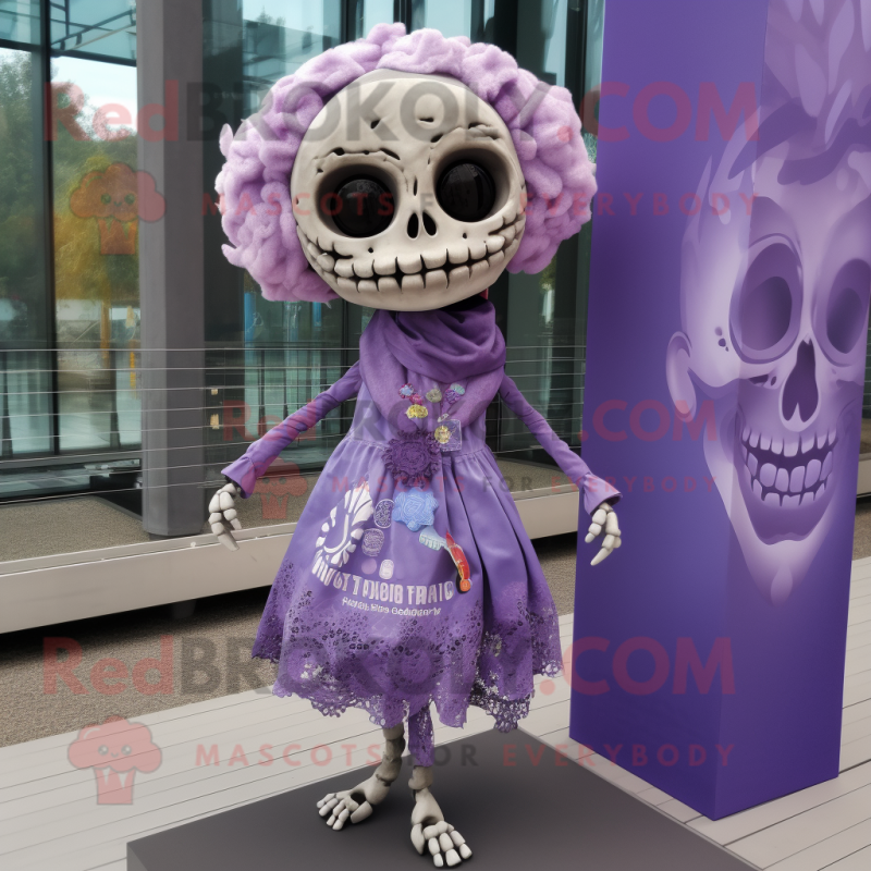 Lavender Skull mascot costume character dressed with a Wrap Dress and Scarf clips