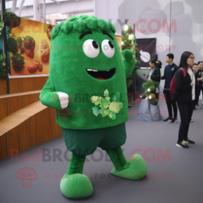 Forest Green Broccoli mascot costume character dressed with a Sweatshirt and Foot pads