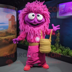 Magenta Ramen mascot costume character dressed with a Cargo Pants and Shawl pins