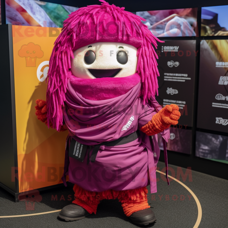 Magenta Ramen mascot costume character dressed with a Cargo Pants and Shawl pins