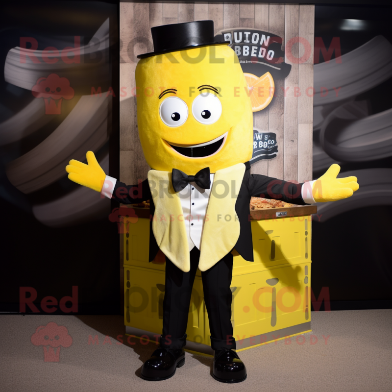 Lemon Yellow Bbq Ribs mascot costume character dressed with a Tuxedo and Ties