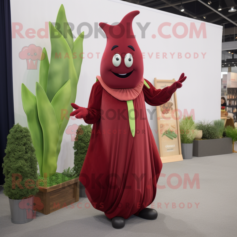 Maroon Celery mascot costume character dressed with a Maxi Dress and Pocket squares