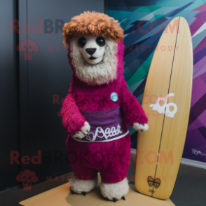 Magenta Alpaca mascot costume character dressed with a Board Shorts and Rings