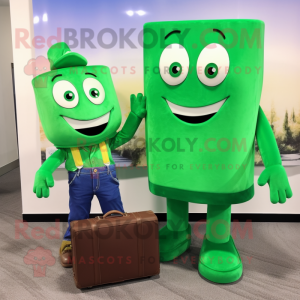 Green Candy Box mascot costume character dressed with a Mom Jeans and Briefcases