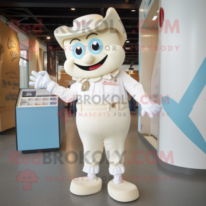 Cream Candy Box mascot costume character dressed with a Mom Jeans and Lapel pins