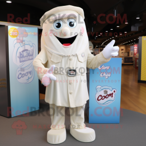 Cream Candy Box mascot costume character dressed with a Mom Jeans and Lapel pins