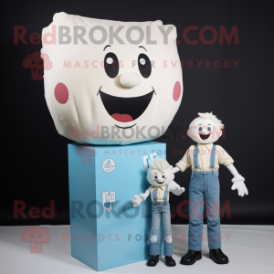 Cream Candy Box mascot costume character dressed with a Mom Jeans and Lapel pins