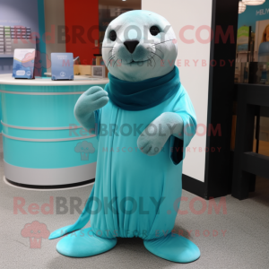 Cyan Sea Lion mascot costume character dressed with a Wrap Dress and Gloves