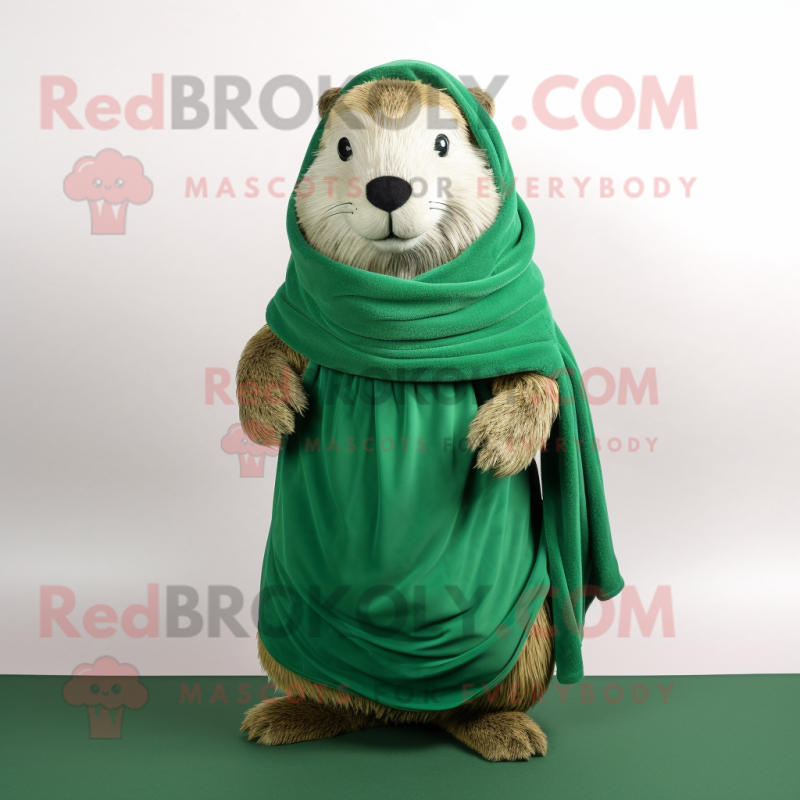 Forest Green Marmot mascot costume character dressed with a Wrap Skirt and Scarves