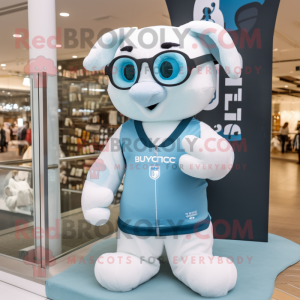 Sky Blue Ermine mascot costume character dressed with a Rugby Shirt and Reading glasses