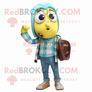 Cyan Banana mascot costume character dressed with a Flannel Shirt and Handbags