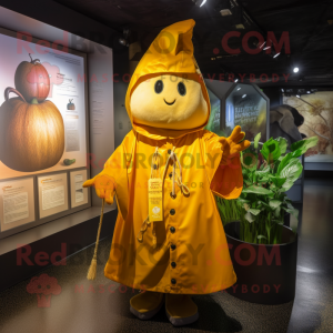 Gold Onion mascot costume character dressed with a Raincoat and Keychains