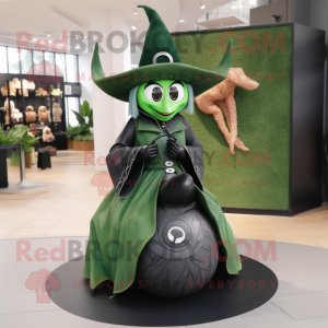 Forest Green Witch'S Hat mascot costume character dressed with a Biker Jacket and Rings