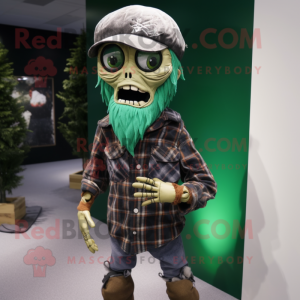 Forest Green Undead mascot costume character dressed with a Flannel Shirt and Beanies