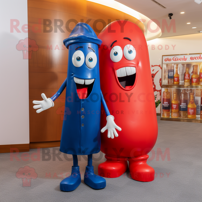 Navy Bottle Of Ketchup mascot costume character dressed with a Boyfriend Jeans and Hairpins