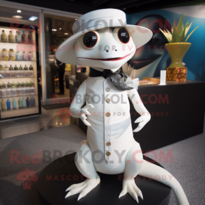 White Geckos mascot costume character dressed with a Skirt and Hat pins