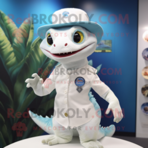 White Geckos mascot costume character dressed with a Skirt and Hat pins