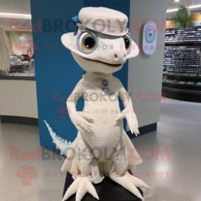 White Geckos mascot costume character dressed with a Skirt and Hat pins