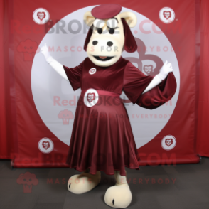 Maroon Beef Stroganoff mascot costume character dressed with a Circle Skirt and Wallets