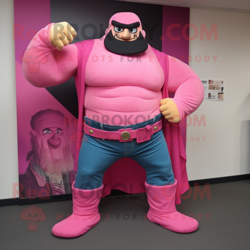 Pink Strongman mascot costume character dressed with a Jeans and Shawls