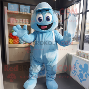 Sky Blue Candy Box mascot costume character dressed with a Dungarees and Gloves