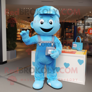 Sky Blue Candy Box mascot costume character dressed with a Dungarees and Gloves