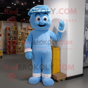 Sky Blue Candy Box mascot costume character dressed with a Dungarees and Gloves