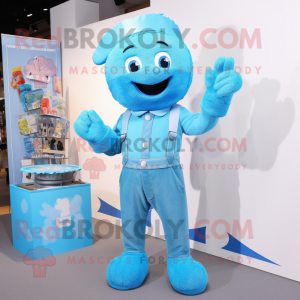 Sky Blue Candy Box mascot costume character dressed with a Dungarees and Gloves