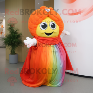 Orange Rainbow mascot costume character dressed with a Maxi Dress and Scarves